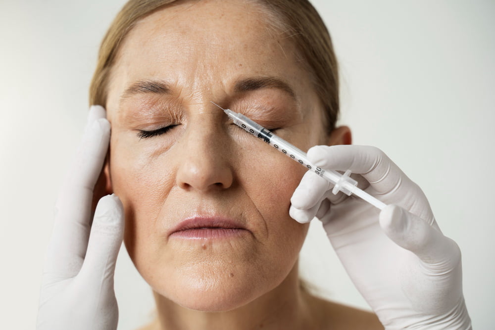 Quanto custa uma aplicação de botox no rosto? 3 front view hand with glove injecting woman